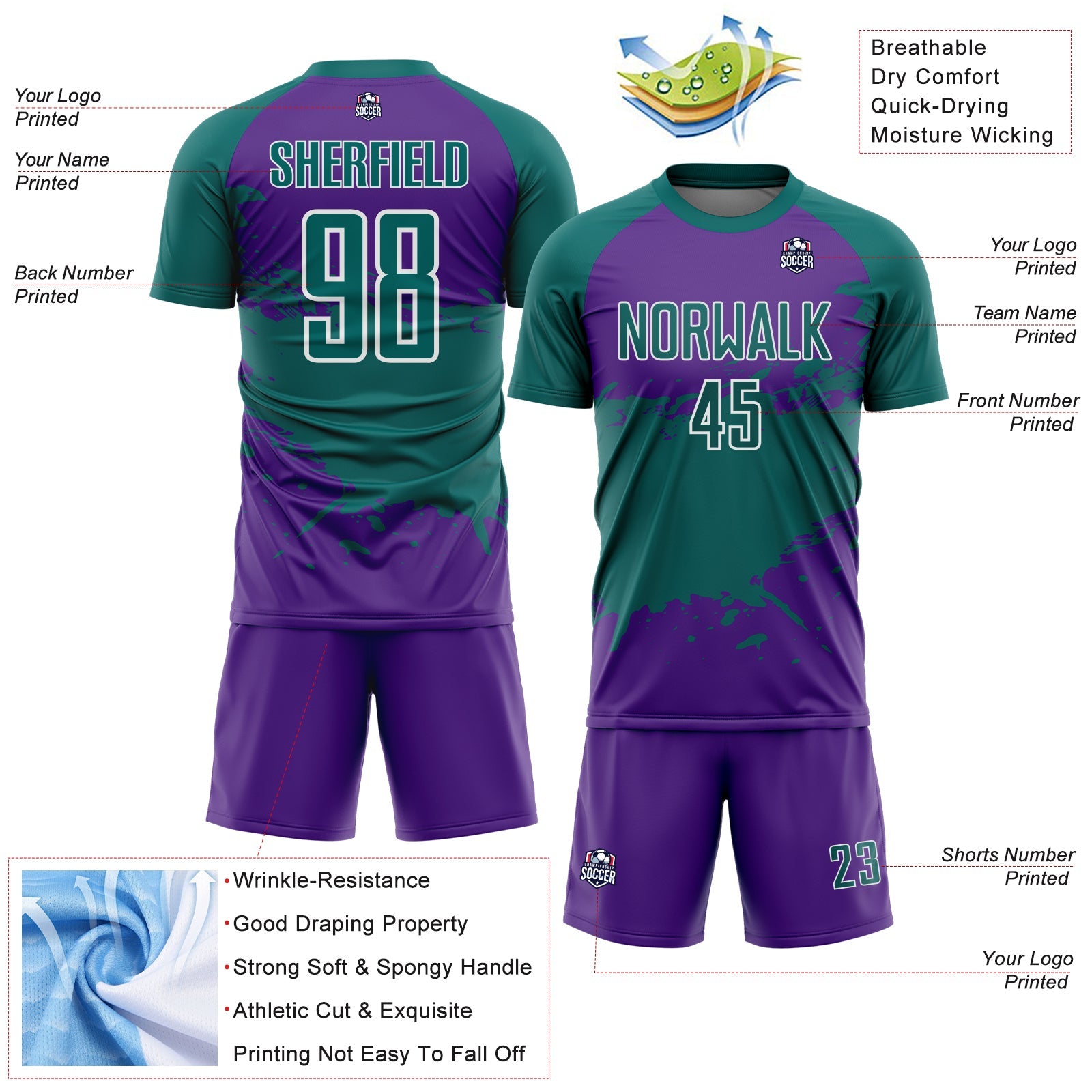 Custom Teal Purple-White Splash Color Block Sublimation Soccer Uniform Jersey view 4