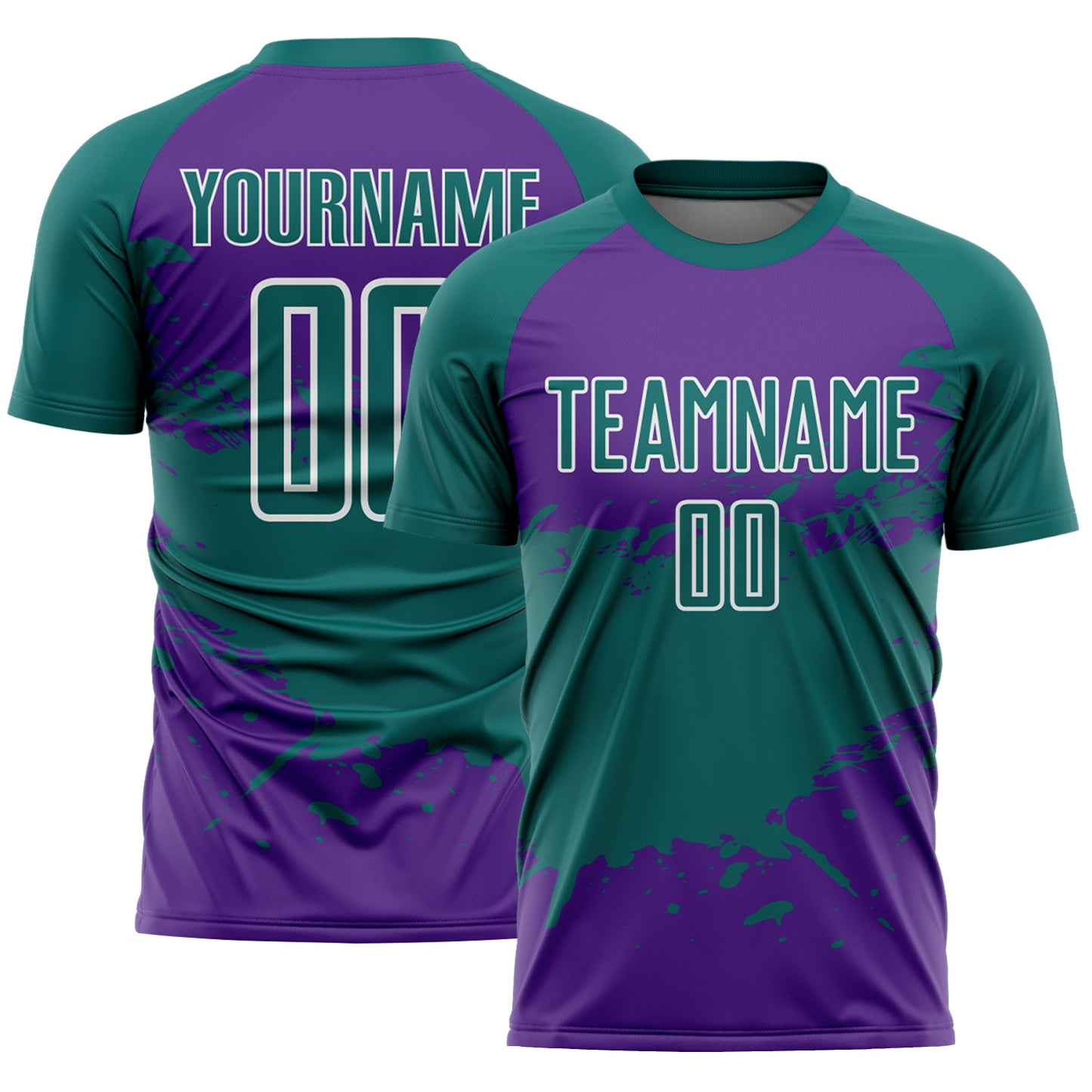 Custom Teal Purple-White Splash Color Block Sublimation Soccer Uniform Jersey - Main View