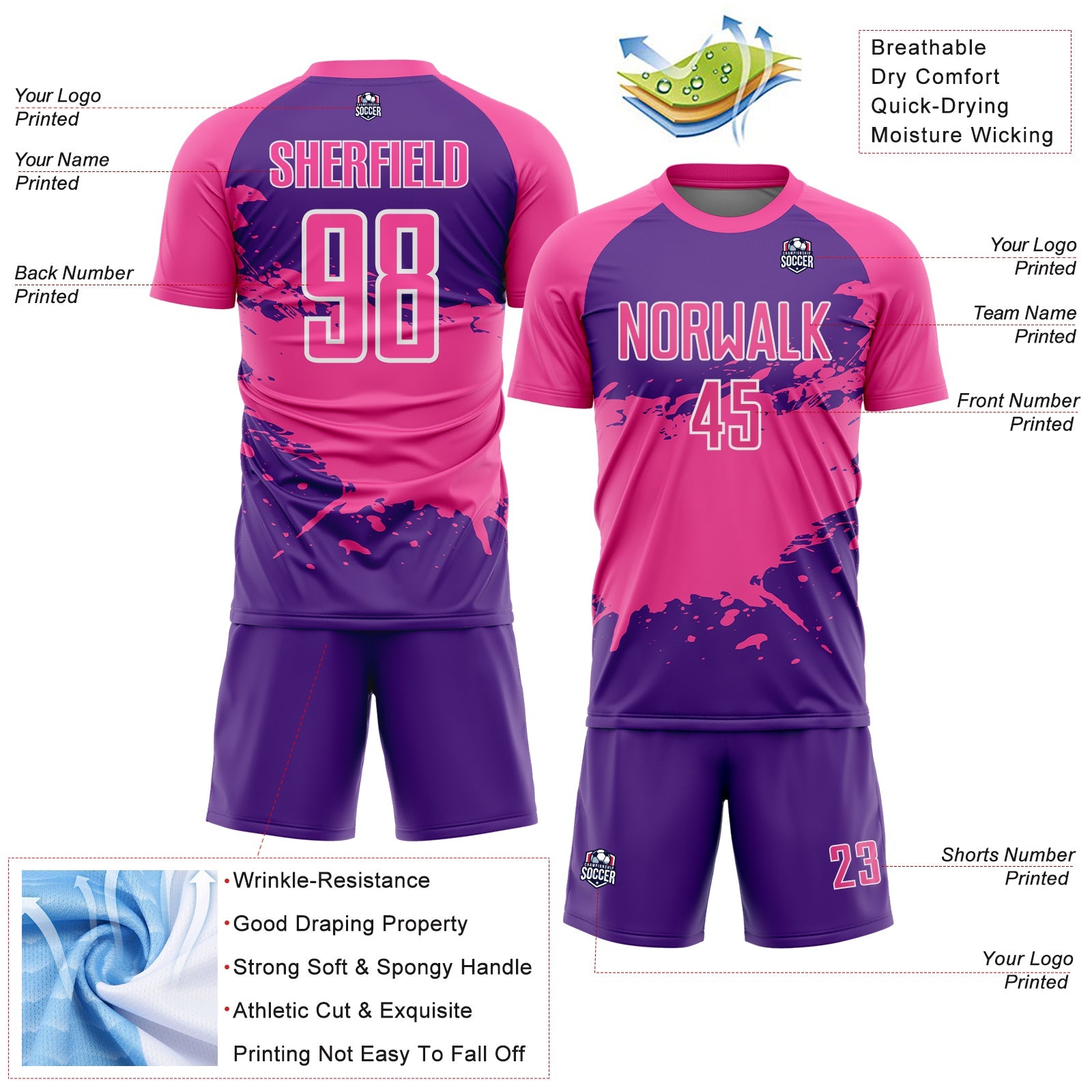 Custom Pink Purple-White Splash Color Block Sublimation Soccer Uniform Jersey view 4
