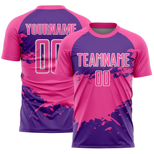 Custom Pink Purple-White Splash Color Block Sublimation Soccer Uniform Jersey - Main View