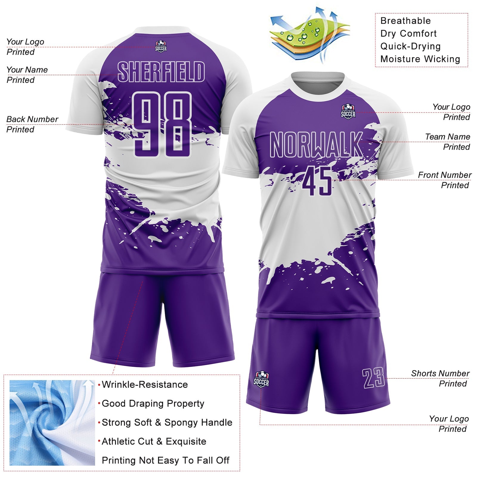 Custom White-Purple Splash Color Block Sublimation Soccer Uniform Jersey view 4