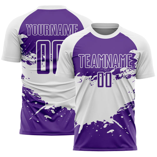 Custom White-Purple Splash Color Block Sublimation Soccer Uniform Jersey - Main View