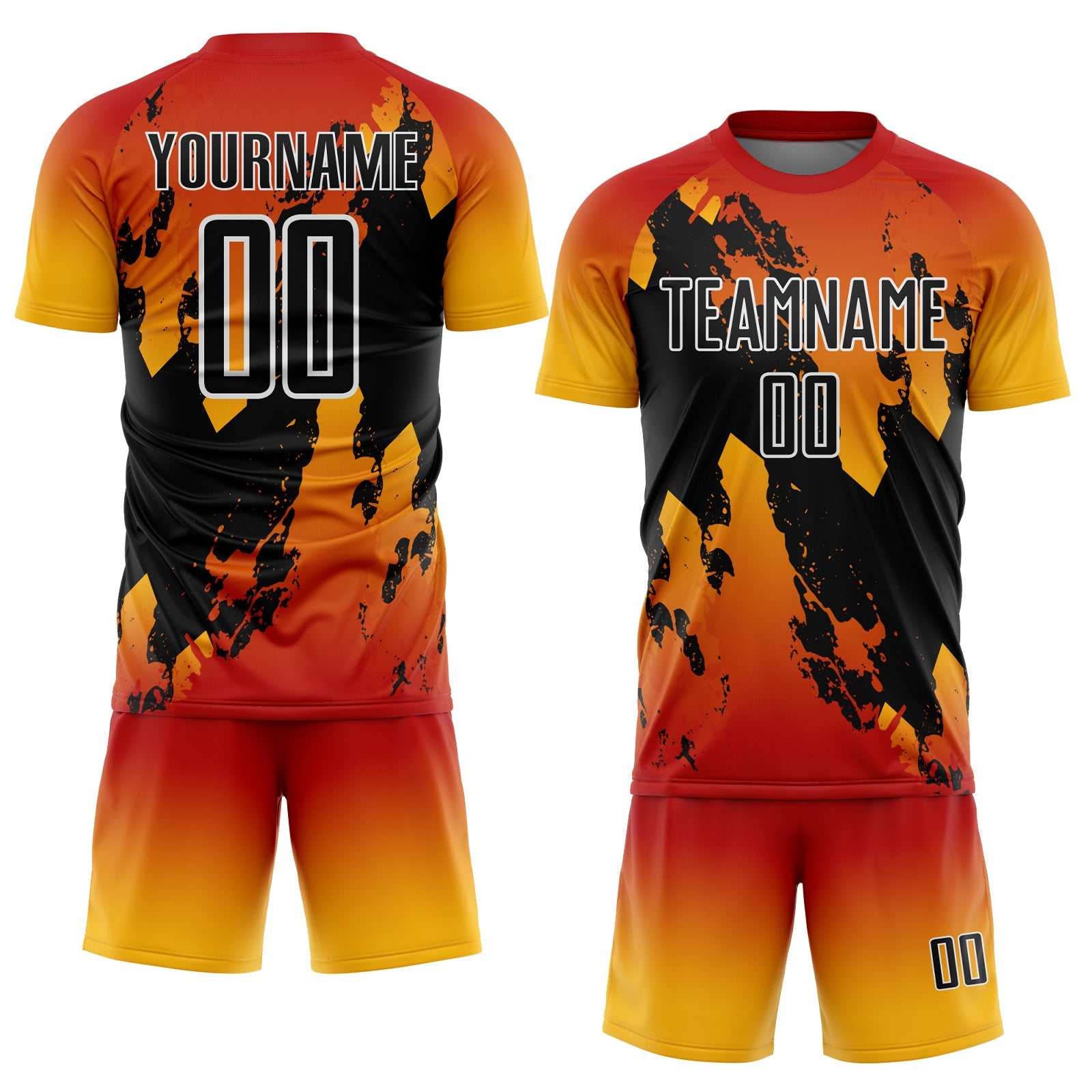 Custom Red Black Gold-White Gradient Splash Sublimation Soccer Uniform Jersey view 2