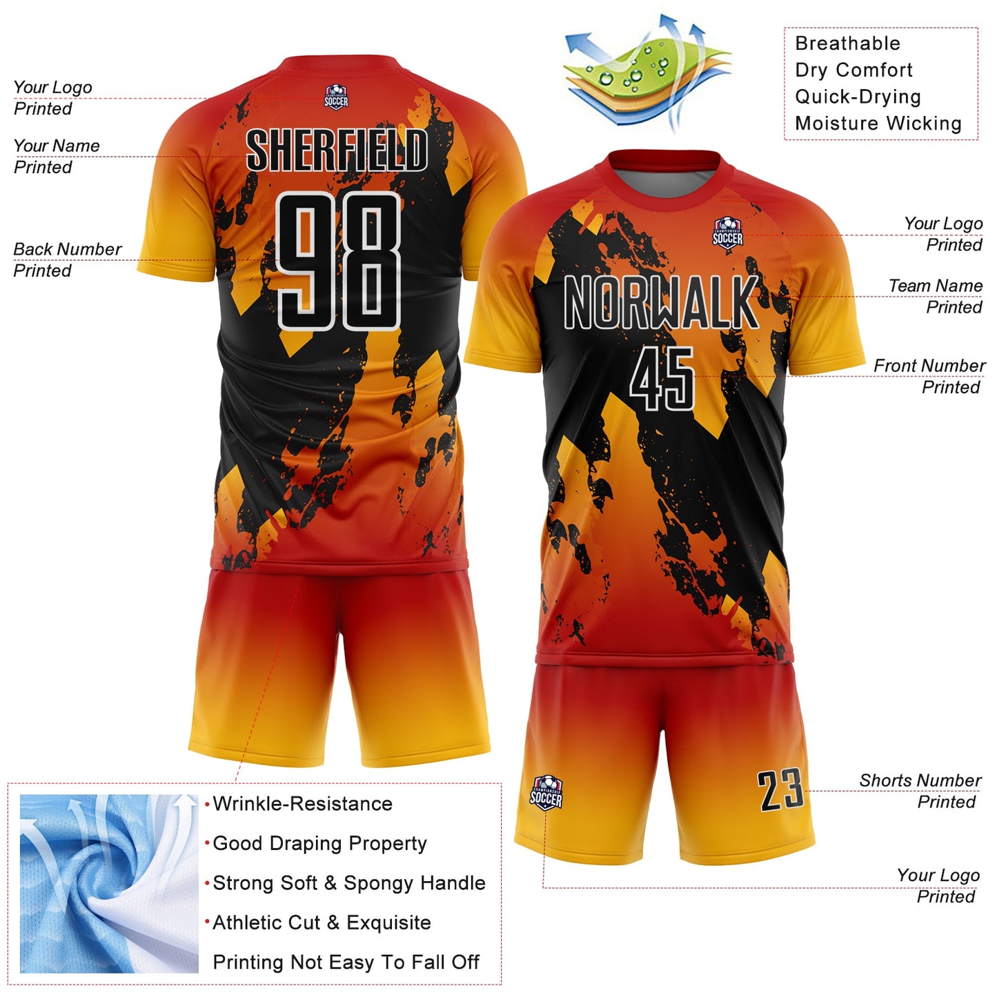 Custom Red Black Gold-White Gradient Splash Sublimation Soccer Uniform Jersey view 4