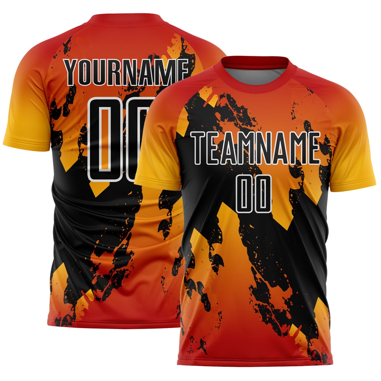 Custom Red Black Gold-White Gradient Splash Sublimation Soccer Uniform Jersey - Main View