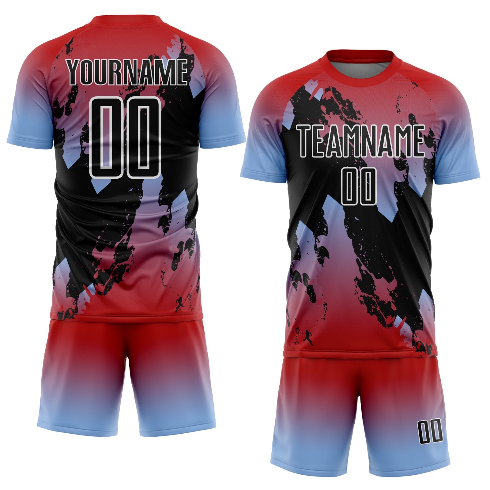 Custom Red Black Light Blue-White Gradient Splash Sublimation Soccer Uniform Jersey view 2