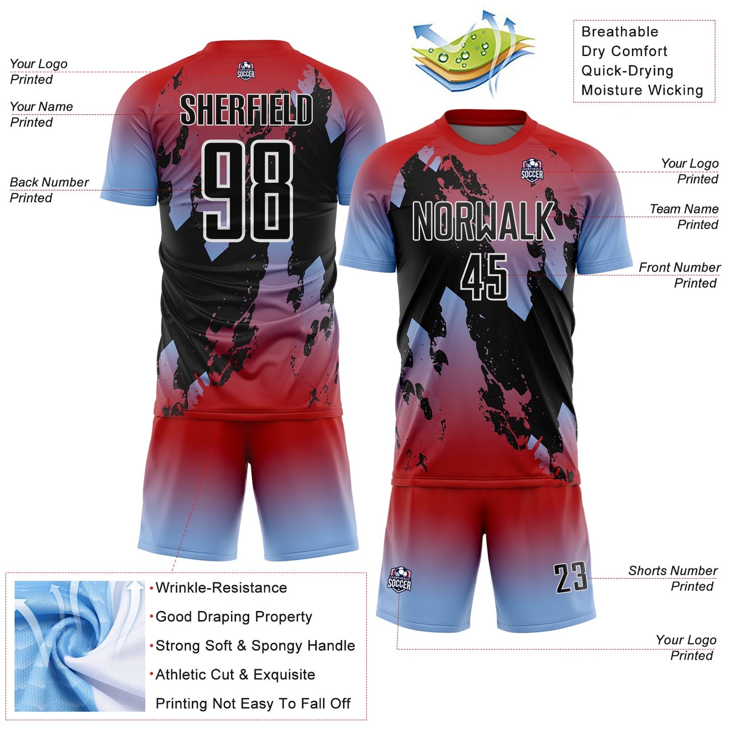 Custom Red Black Light Blue-White Gradient Splash Sublimation Soccer Uniform Jersey view 4
