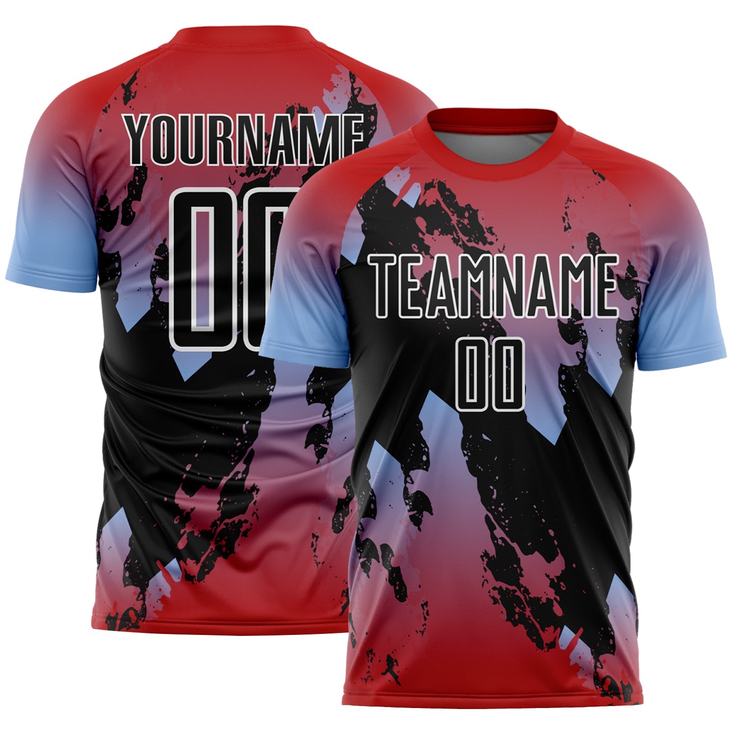 Custom Red Black Light Blue-White Gradient Splash Sublimation Soccer Uniform Jersey - Main View