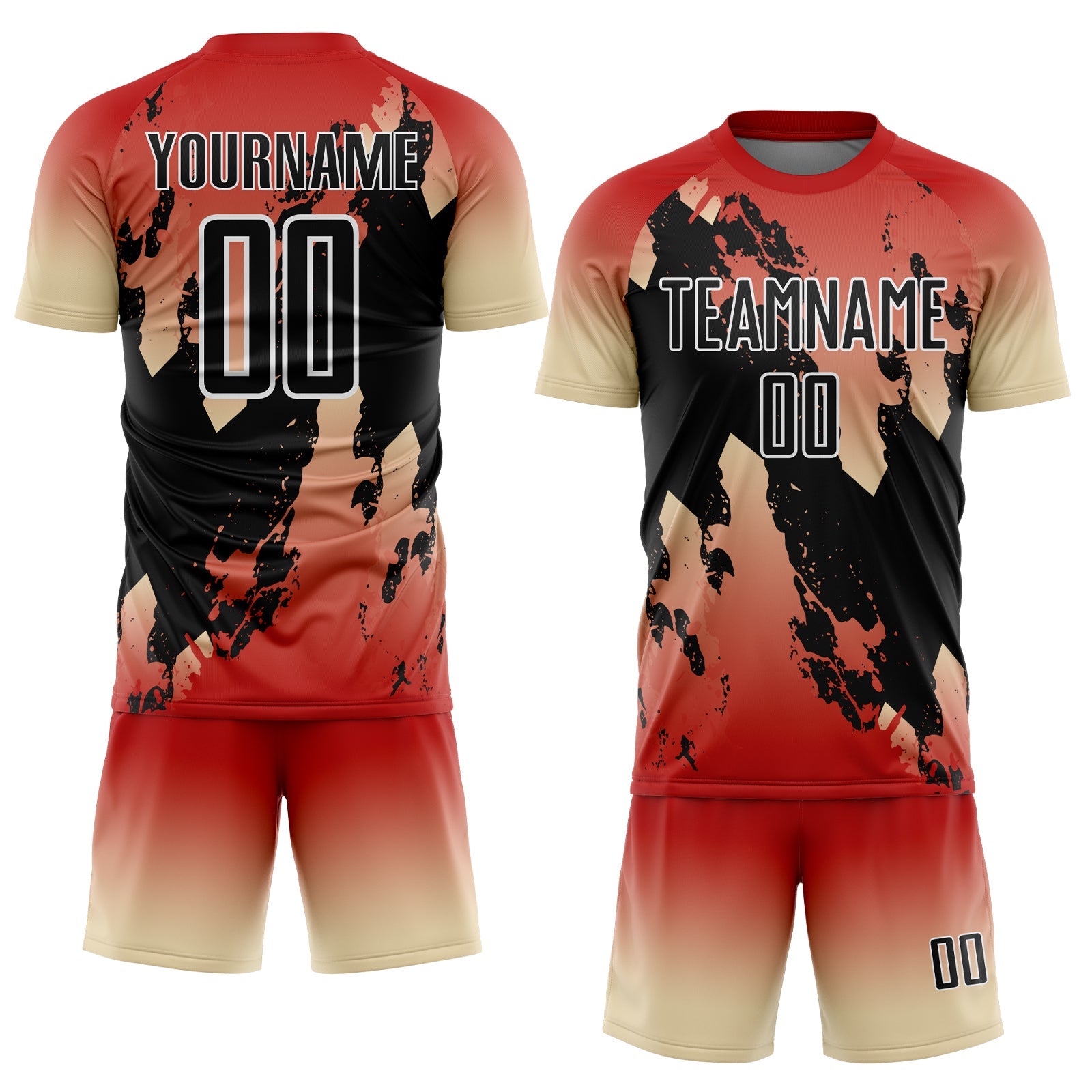 Custom Red Black Cream-White Gradient Splash Sublimation Soccer Uniform Jersey view 2