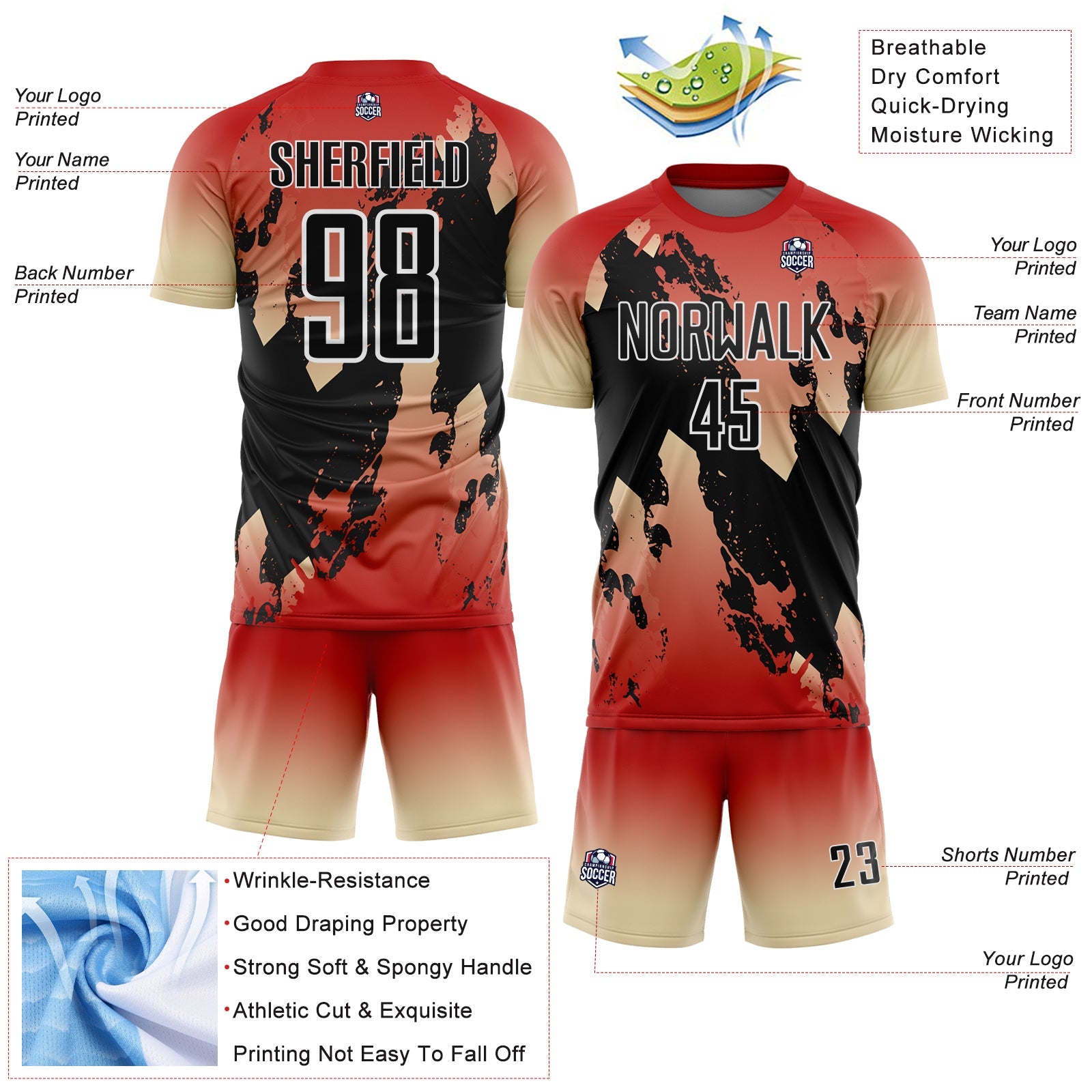 Custom Red Black Cream-White Gradient Splash Sublimation Soccer Uniform Jersey view 4
