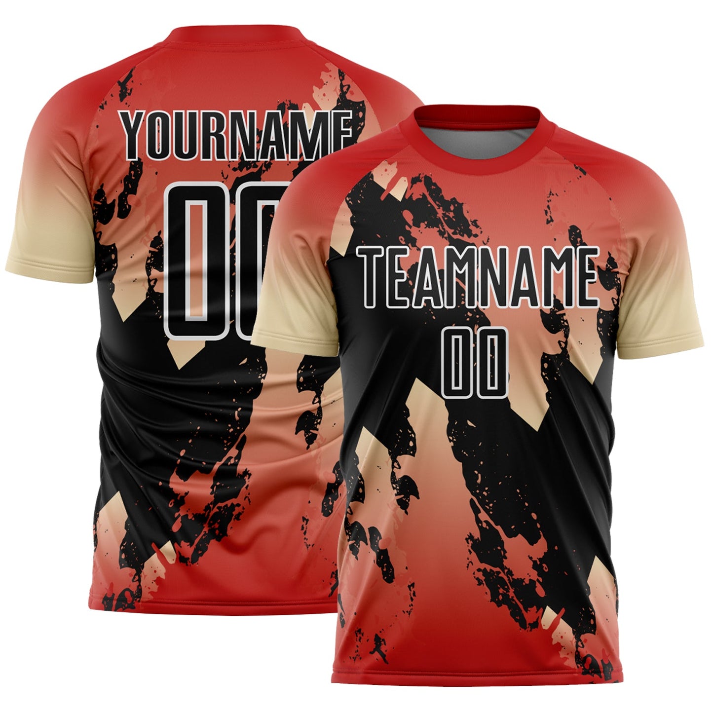 Custom Red Black Cream-White Gradient Splash Sublimation Soccer Uniform Jersey - Main View