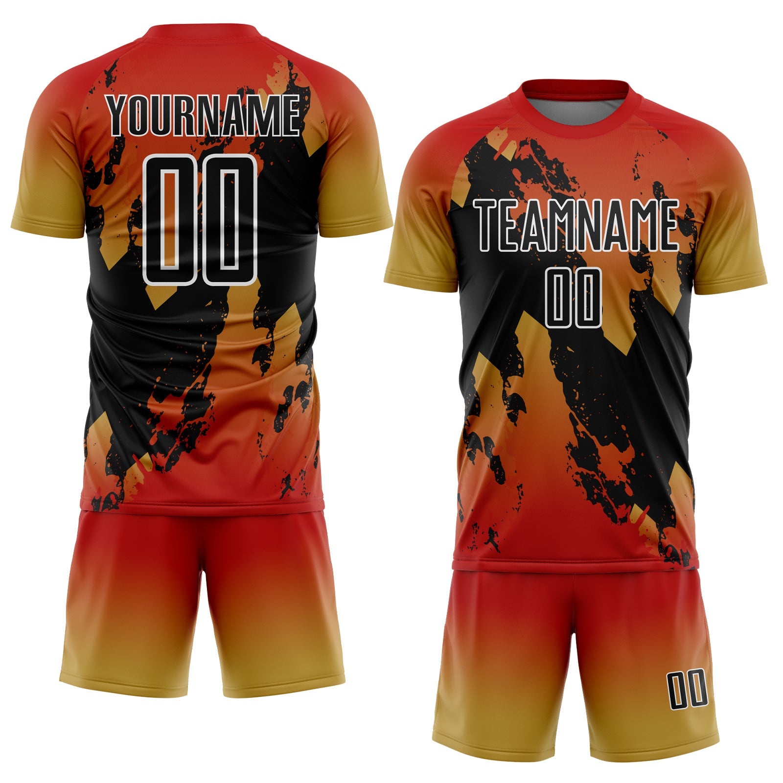 Custom Red Black Old Gold-White Gradient Splash Sublimation Soccer Uniform Jersey view 2
