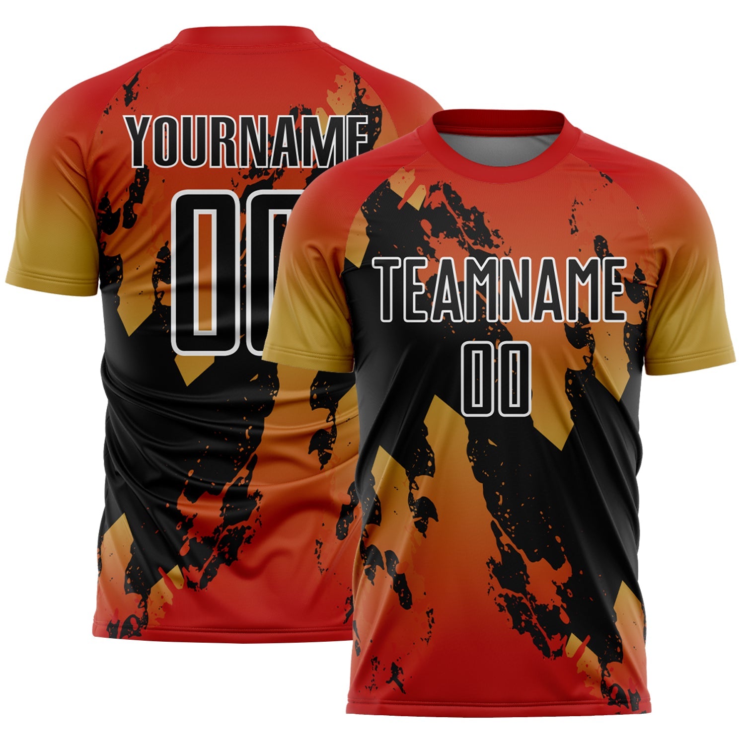 Custom Red Black Old Gold-White Gradient Splash Sublimation Soccer Uniform Jersey - Main View