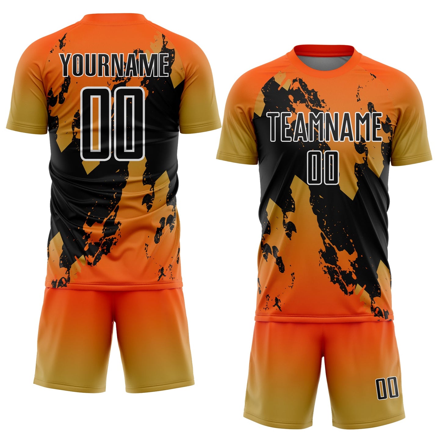 Custom Orange Black Old Gold-White Gradient Splash Sublimation Soccer Uniform Jersey view 2