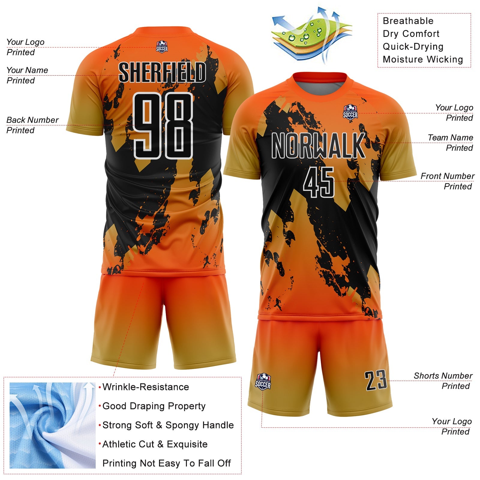 Custom Orange Black Old Gold-White Gradient Splash Sublimation Soccer Uniform Jersey view 4