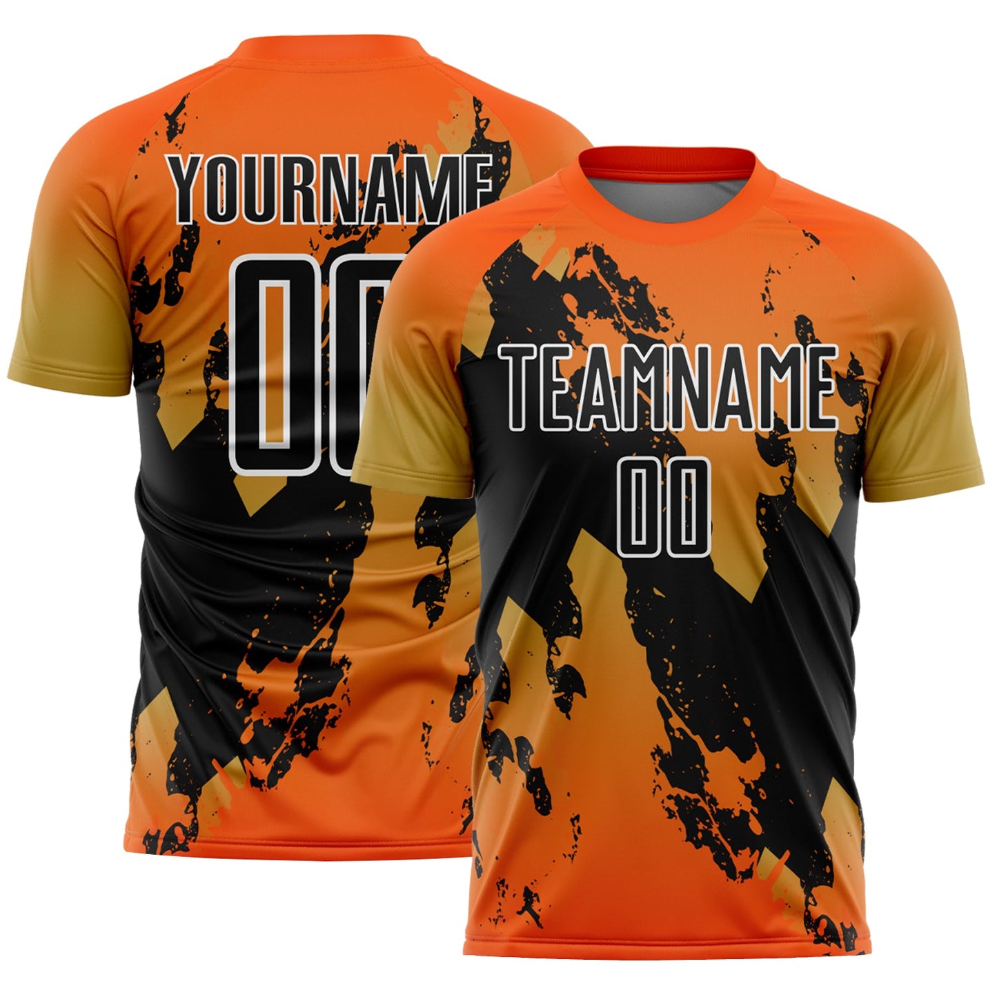 Custom Orange Black Old Gold-White Gradient Splash Sublimation Soccer Uniform Jersey - Main View
