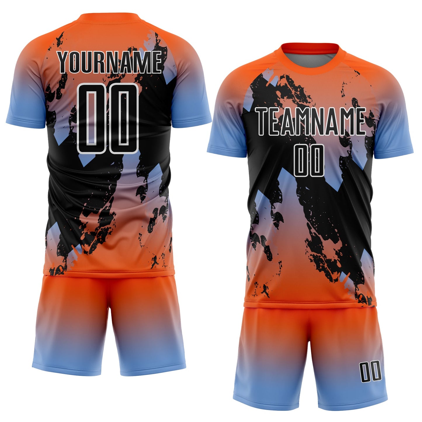 Custom Orange Black Powder Blue-White Gradient Splash Sublimation Soccer Uniform Jersey view 2