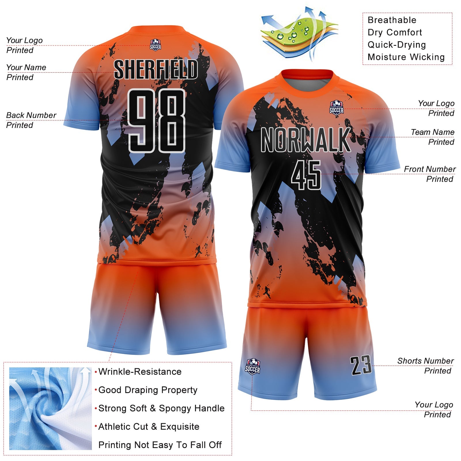 Custom Orange Black Powder Blue-White Gradient Splash Sublimation Soccer Uniform Jersey view 4