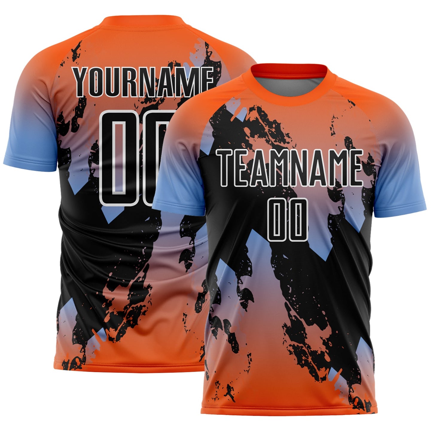 Custom Orange Black Powder Blue-White Gradient Splash Sublimation Soccer Uniform Jersey - Main View