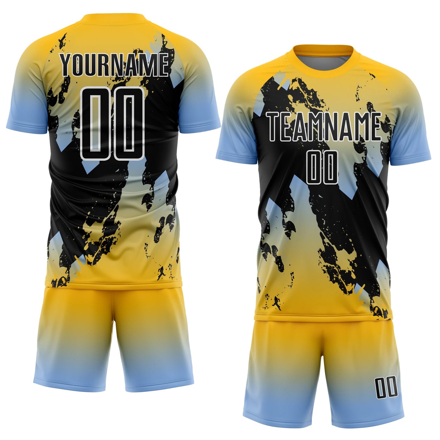 Custom Gold Black Light Blue-White Gradient Splash Sublimation Soccer Uniform Jersey view 2