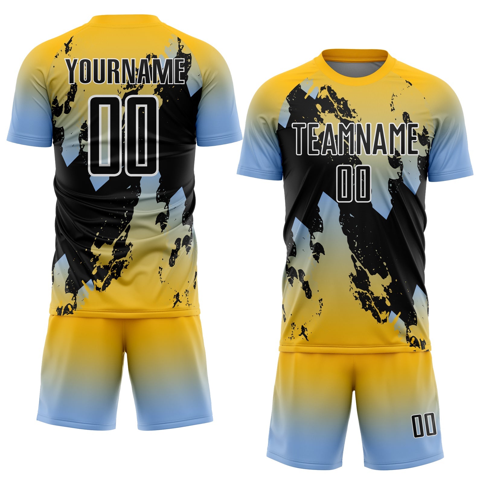 Custom Gold Black Light Blue-White Gradient Splash Sublimation Soccer Uniform Jersey view 2