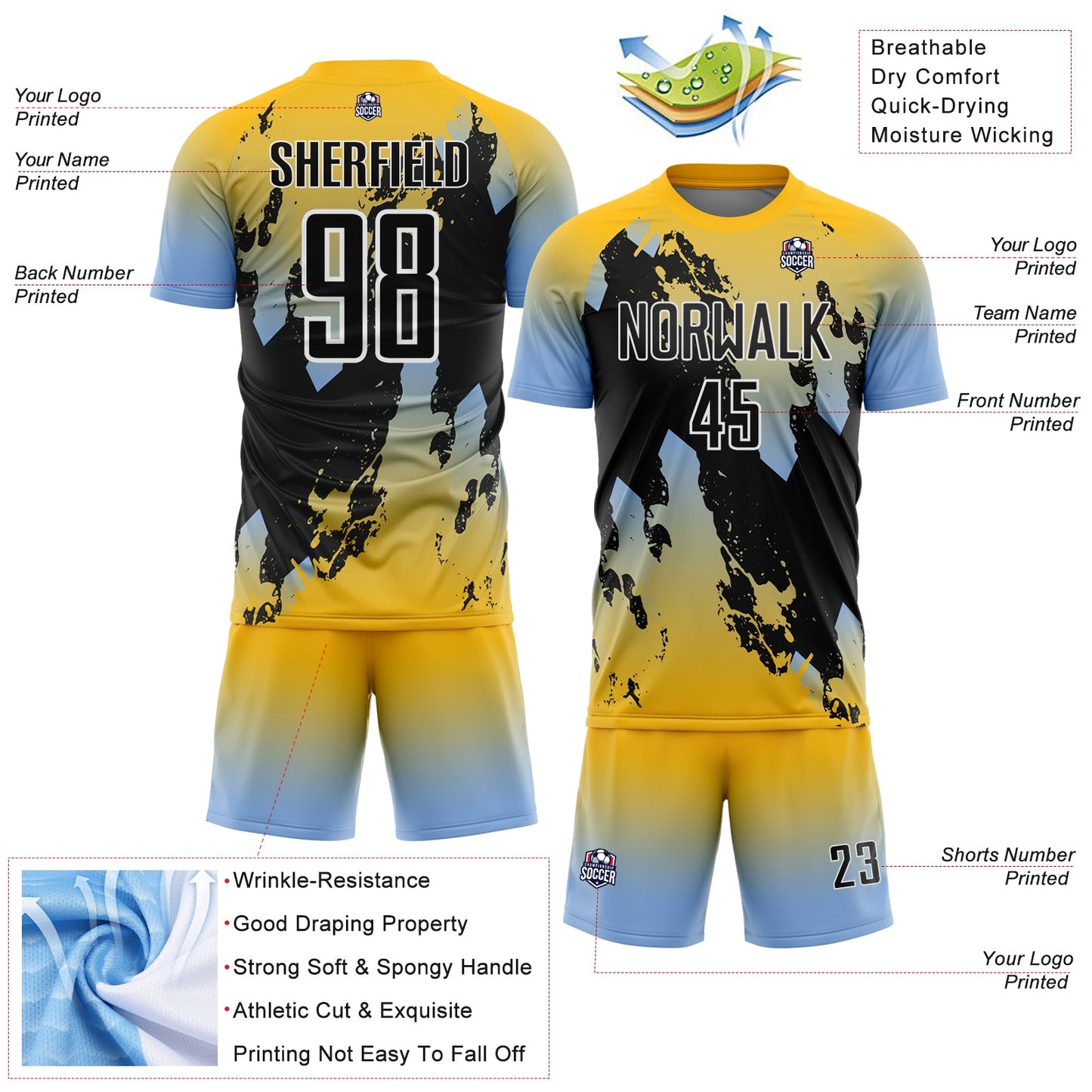 Custom Gold Black Light Blue-White Gradient Splash Sublimation Soccer Uniform Jersey view 4