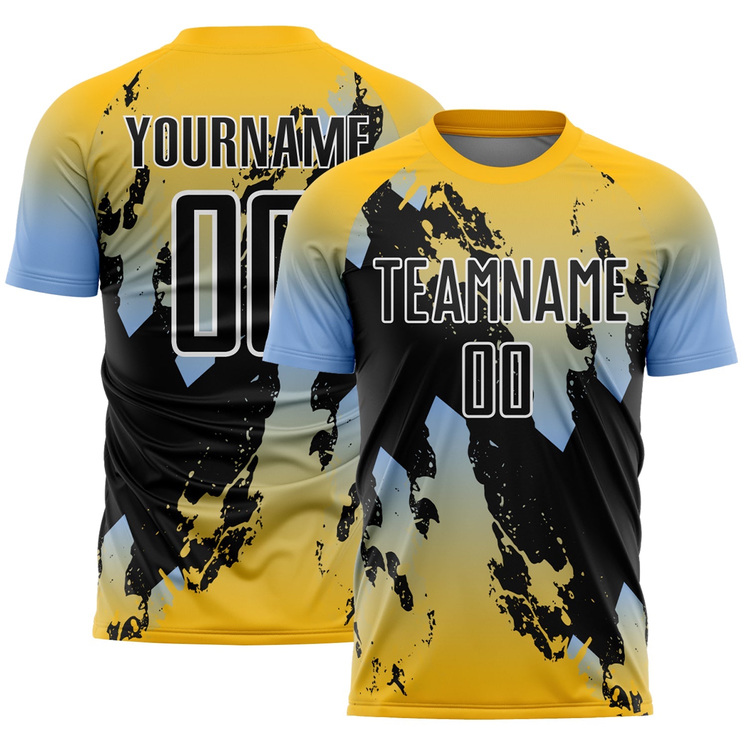 Custom Gold Black Light Blue-White Gradient Splash Sublimation Soccer Uniform Jersey - Main View