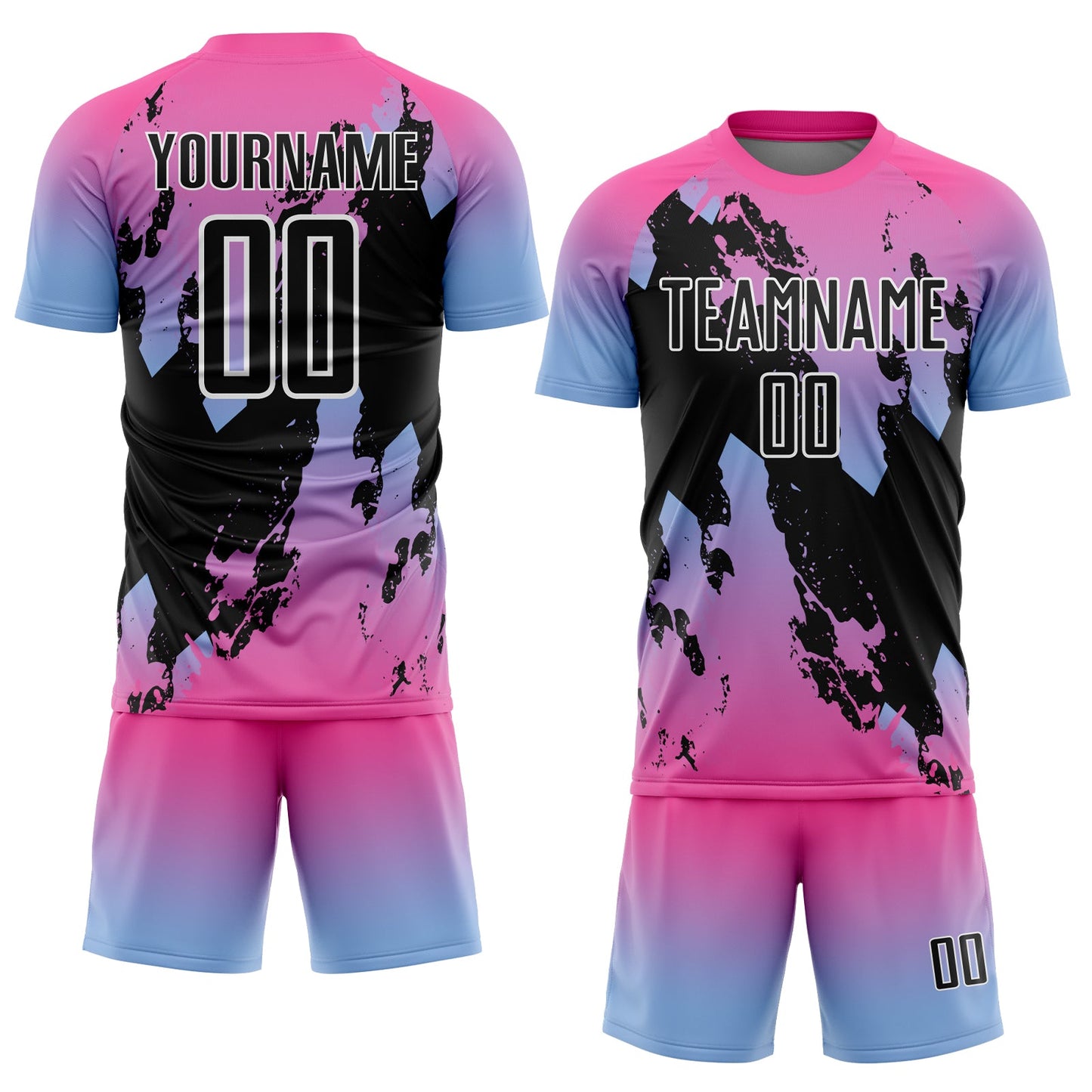 Custom Pink Black Light Blue-White Gradient Splash Sublimation Soccer Uniform Jersey view 2