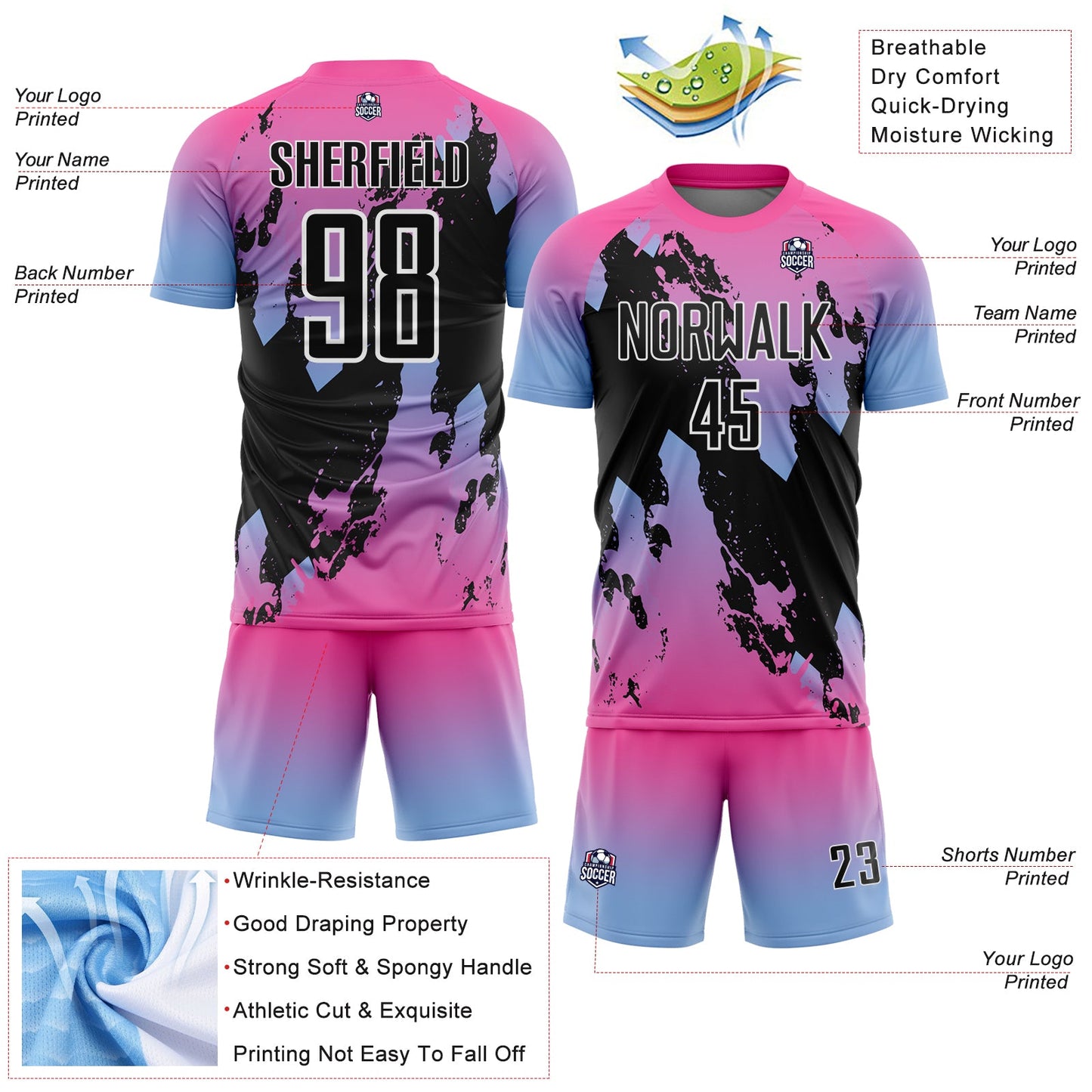 Custom Pink Black Light Blue-White Gradient Splash Sublimation Soccer Uniform Jersey view 4