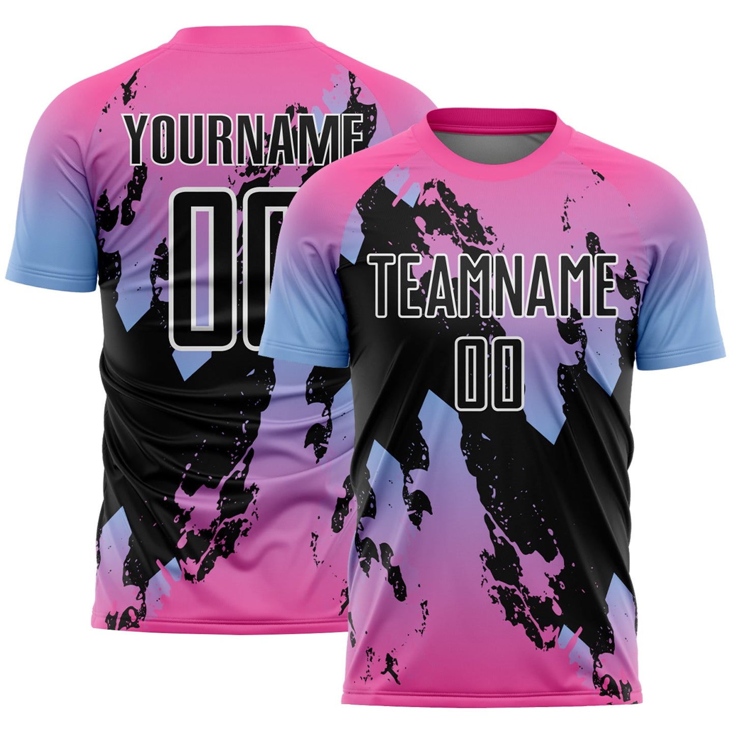 Custom Pink Black Light Blue-White Gradient Splash Sublimation Soccer Uniform Jersey - Main View