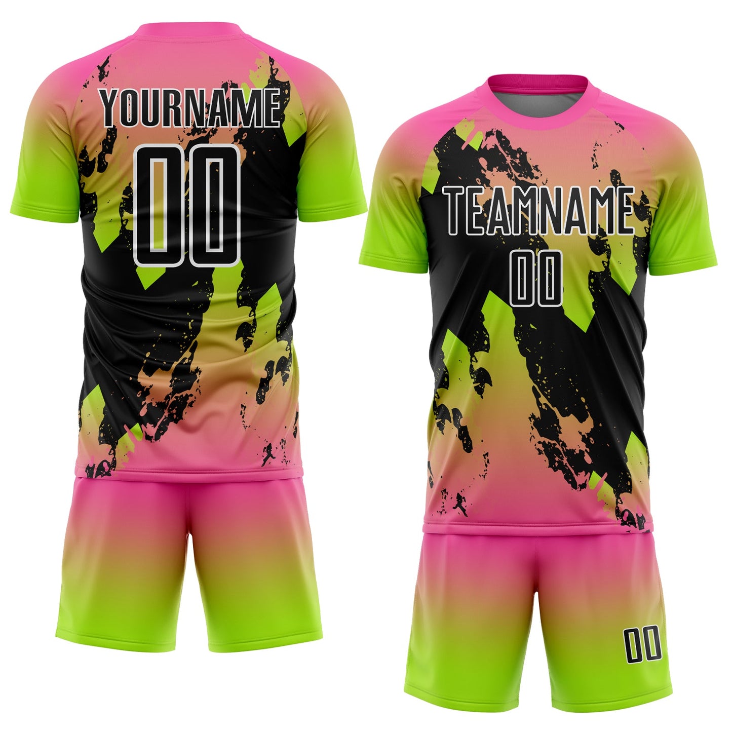 Custom Pink Black Neon Green-White Gradient Splash Sublimation Soccer Uniform Jersey view 2