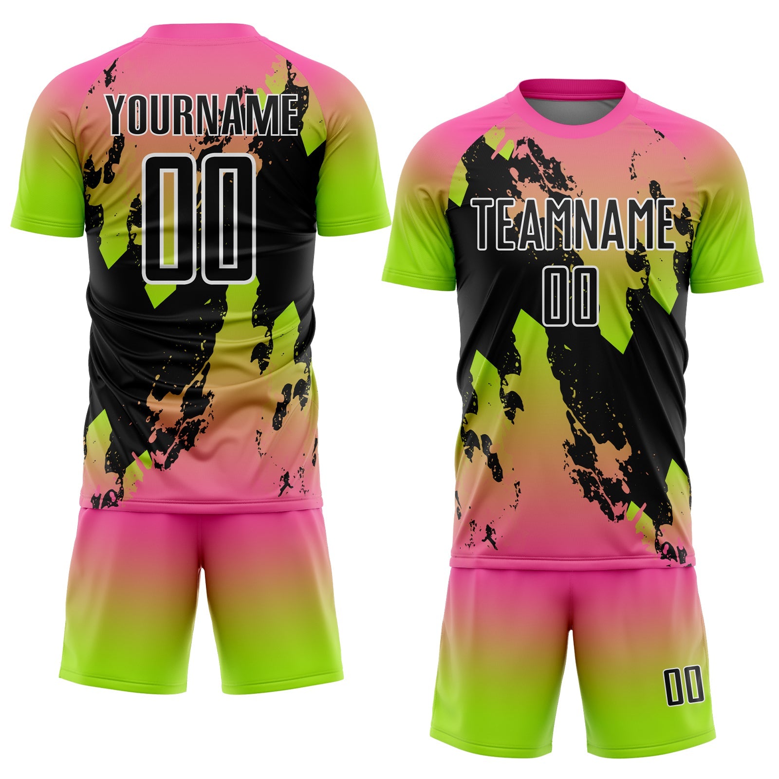 Custom Pink Black Neon Green-White Gradient Splash Sublimation Soccer Uniform Jersey view 2