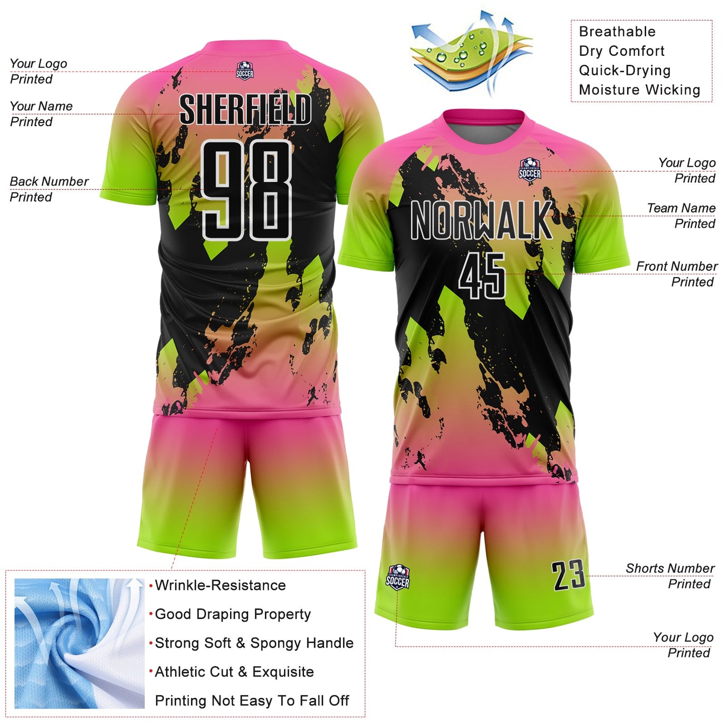 Custom Pink Black Neon Green-White Gradient Splash Sublimation Soccer Uniform Jersey view 4