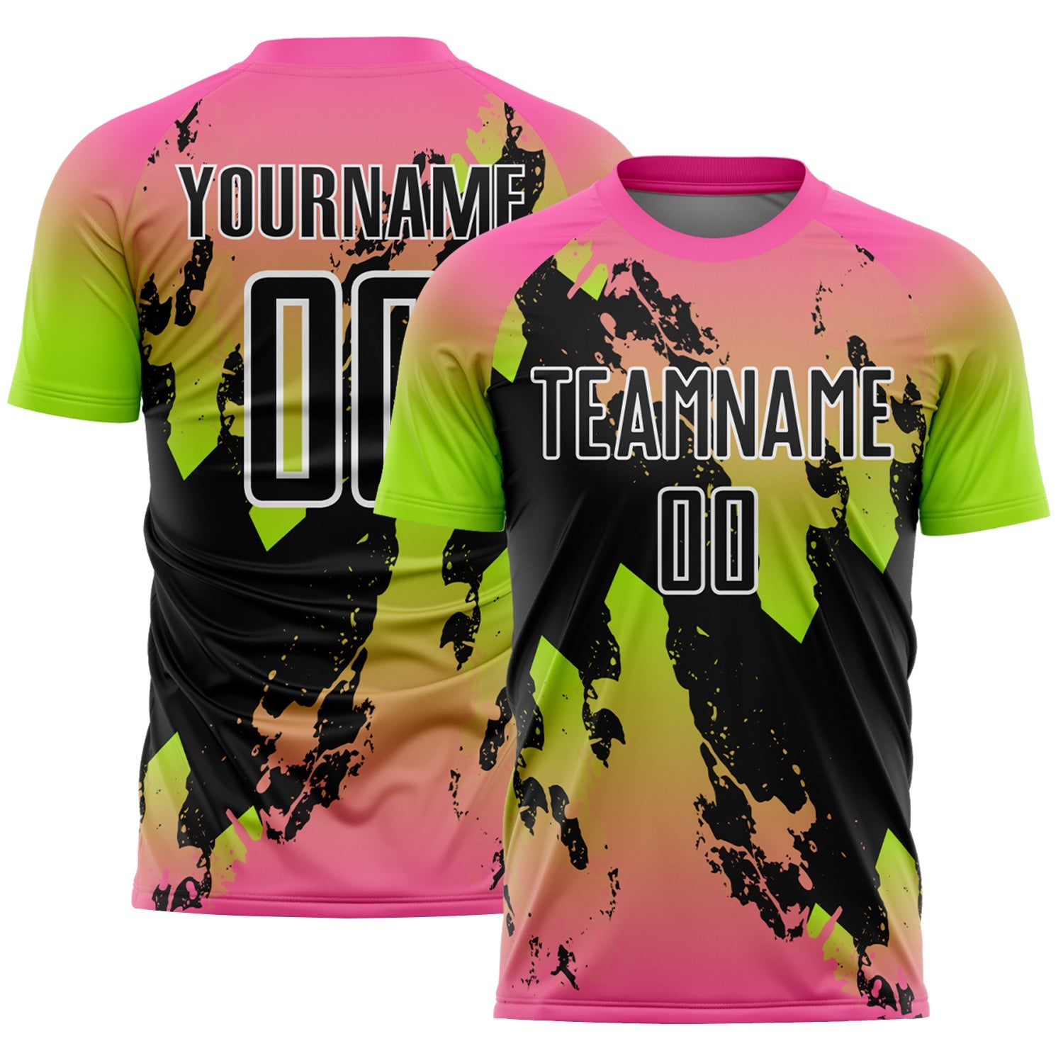 Custom Pink Black Neon Green-White Gradient Splash Sublimation Soccer Uniform Jersey - Main View