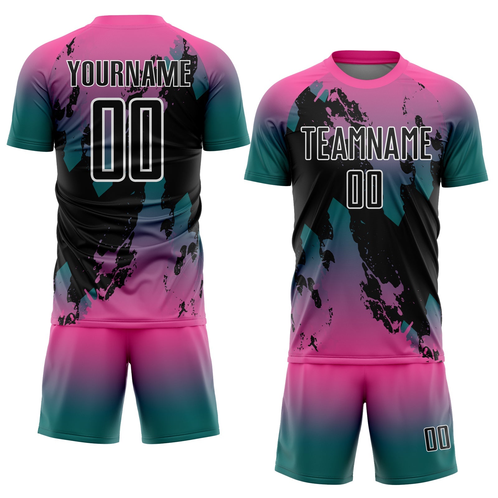 Custom Pink Black Teal-White Gradient Splash Sublimation Soccer Uniform Jersey view 2