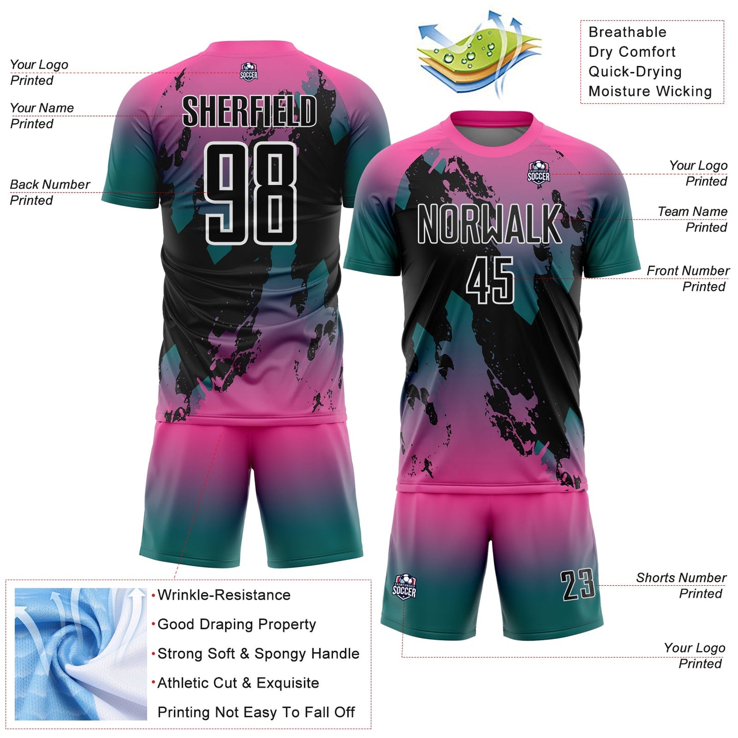 Custom Pink Black Teal-White Gradient Splash Sublimation Soccer Uniform Jersey view 4
