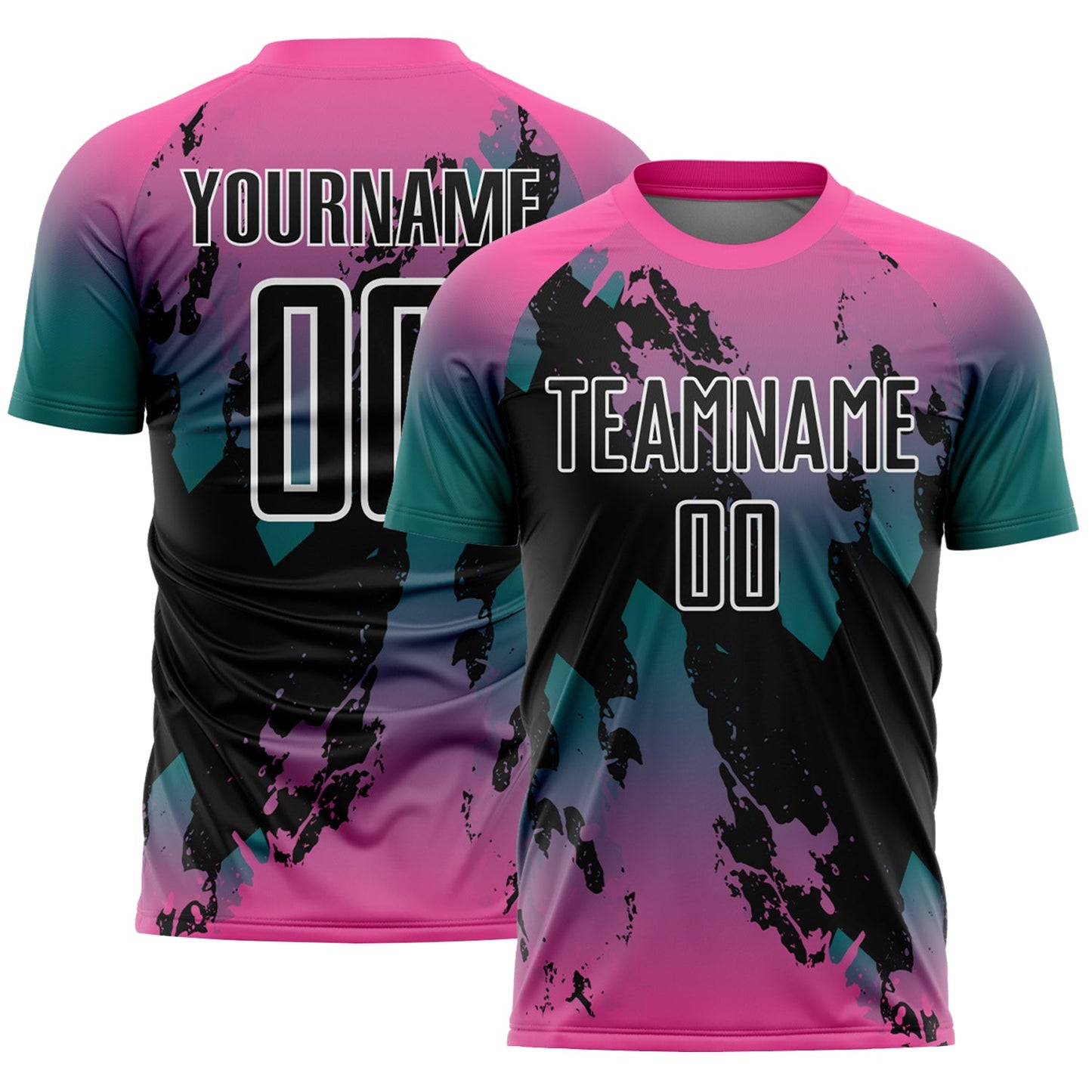 Custom Pink Black Teal-White Gradient Splash Sublimation Soccer Uniform Jersey - Main View