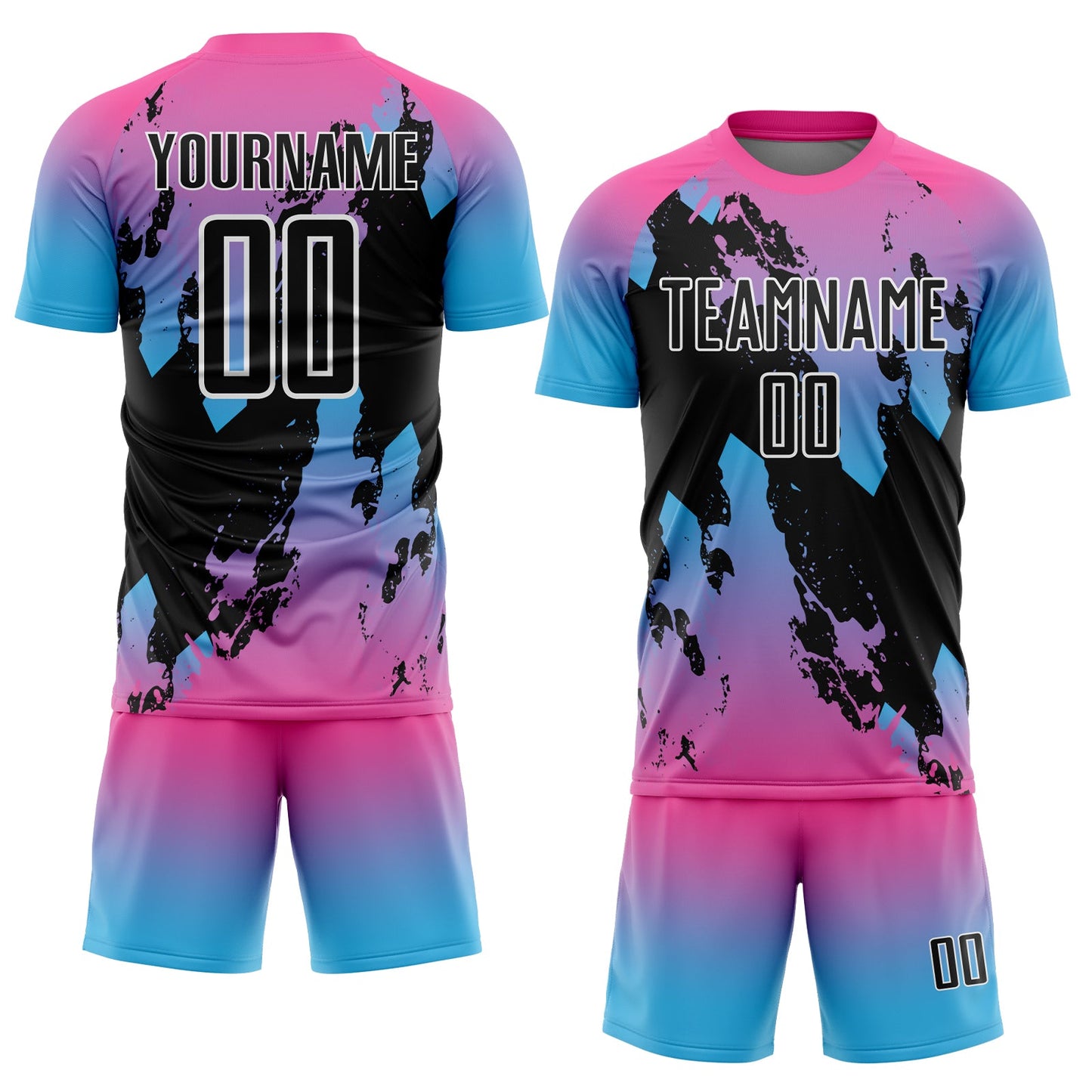 Custom Pink Black Sky Blue-White Gradient Splash Sublimation Soccer Uniform Jersey view 2