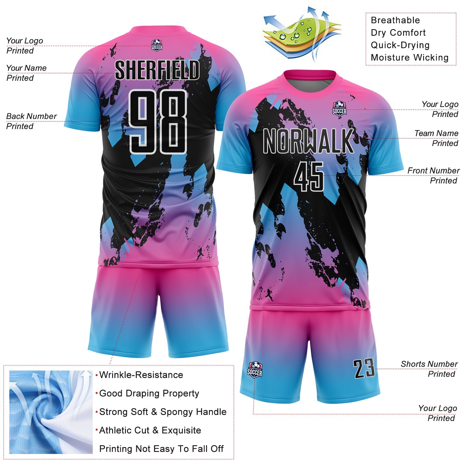 Custom Pink Black Sky Blue-White Gradient Splash Sublimation Soccer Uniform Jersey view 4