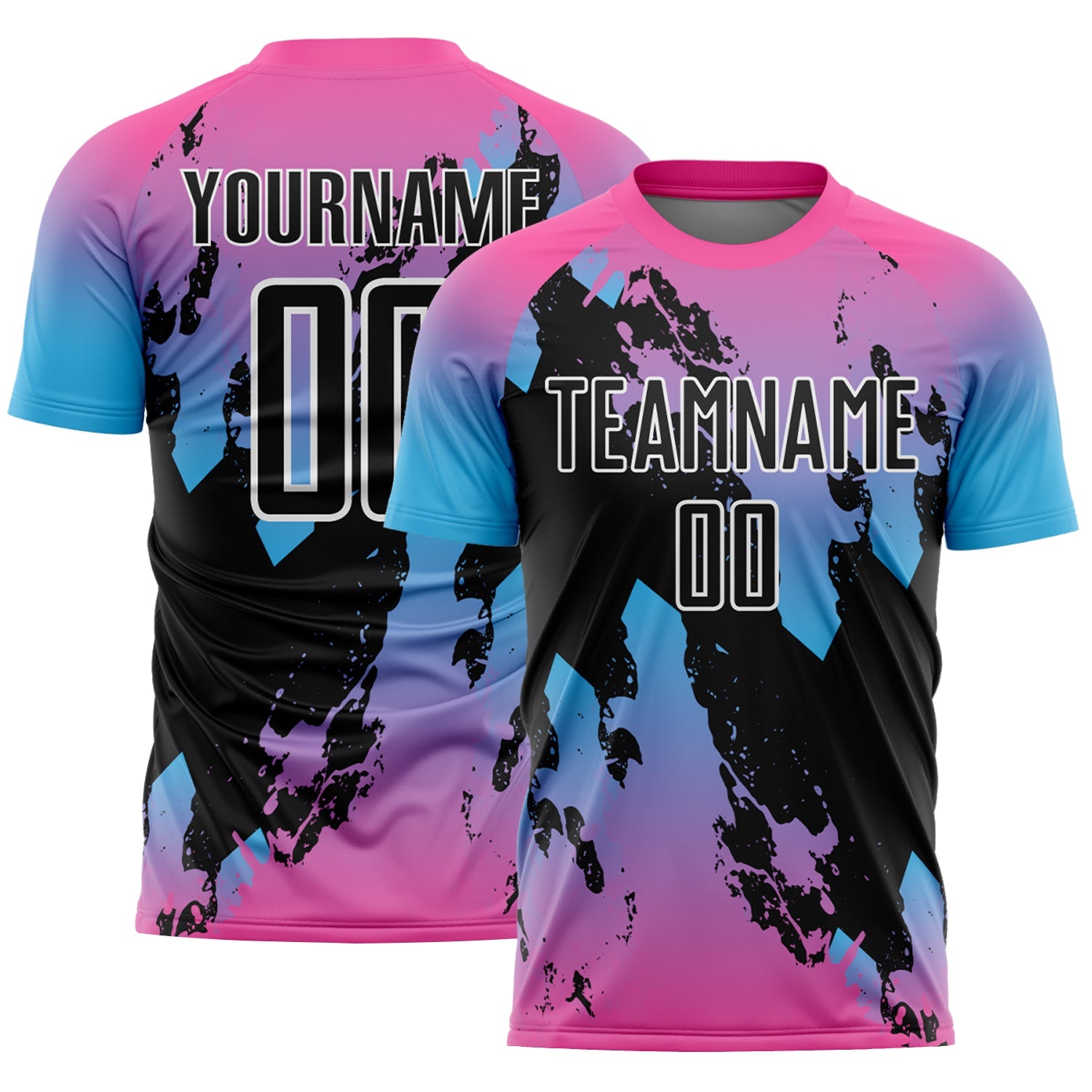 Custom Pink Black Sky Blue-White Gradient Splash Sublimation Soccer Uniform Jersey - Main View