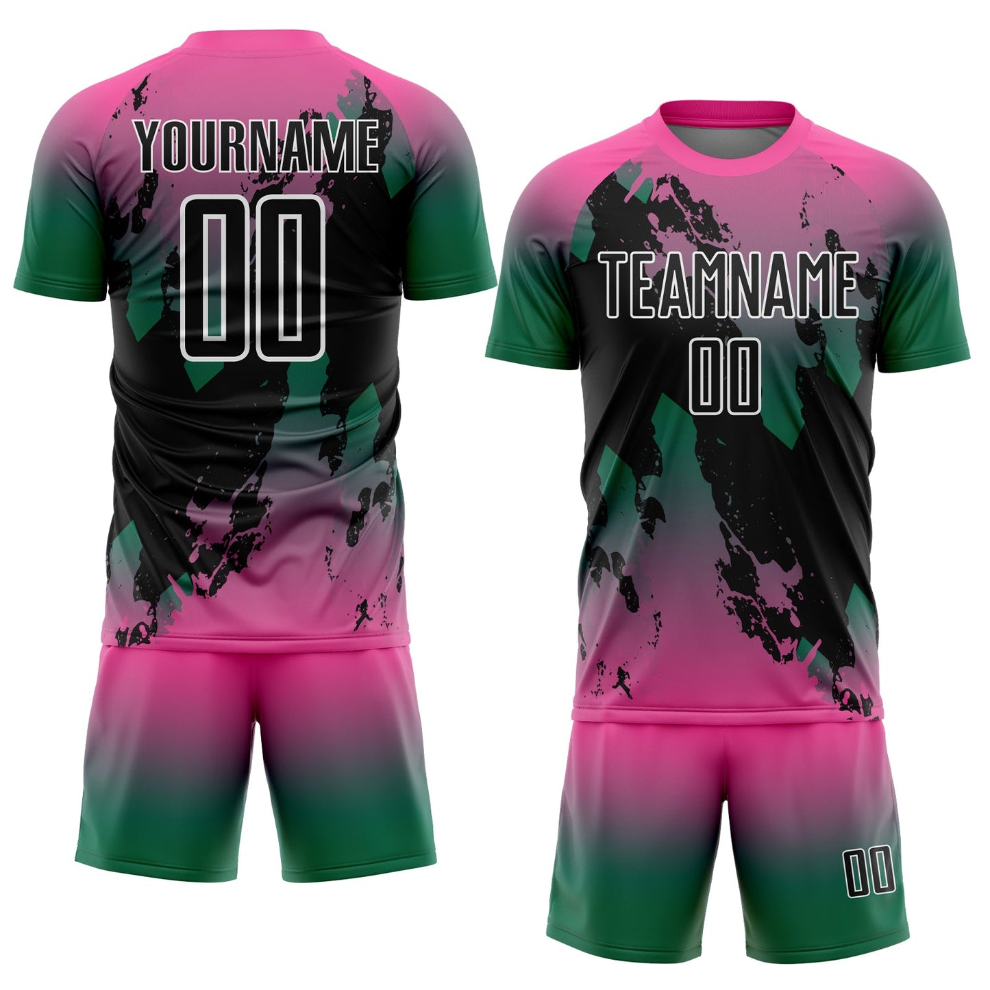 Custom Pink Black Kelly Green-White Gradient Splash Sublimation Soccer Uniform Jersey view 2