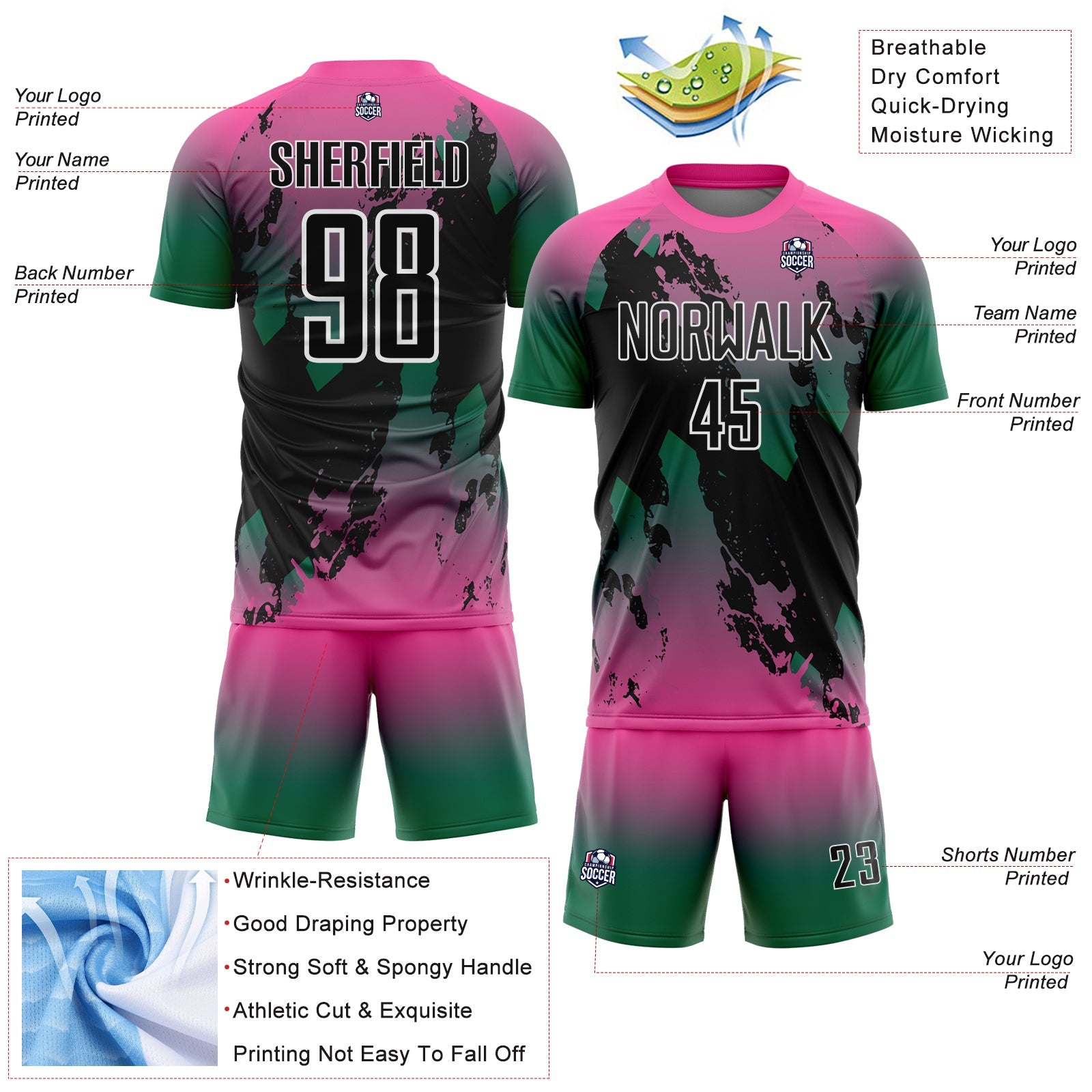 Custom Pink Black Kelly Green-White Gradient Splash Sublimation Soccer Uniform Jersey view 4