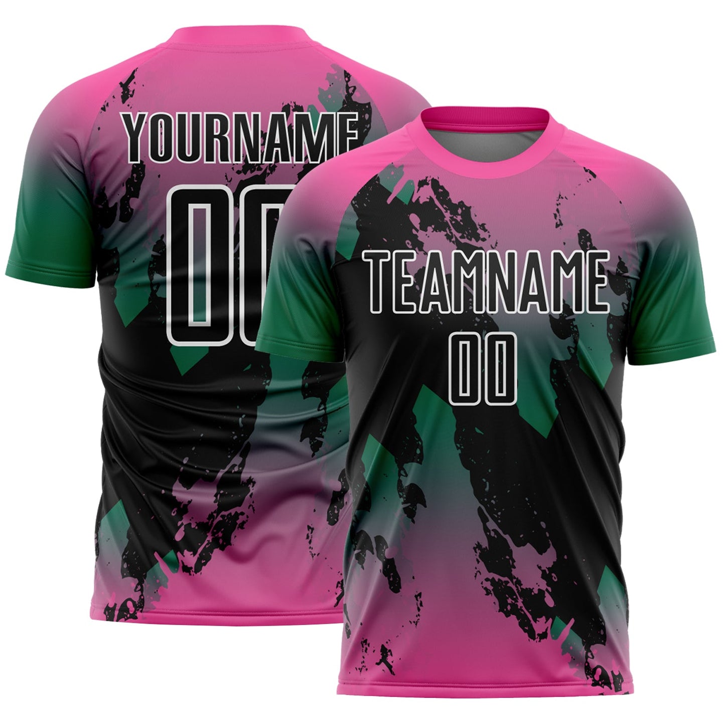Custom Pink Black Kelly Green-White Gradient Splash Sublimation Soccer Uniform Jersey - Main View