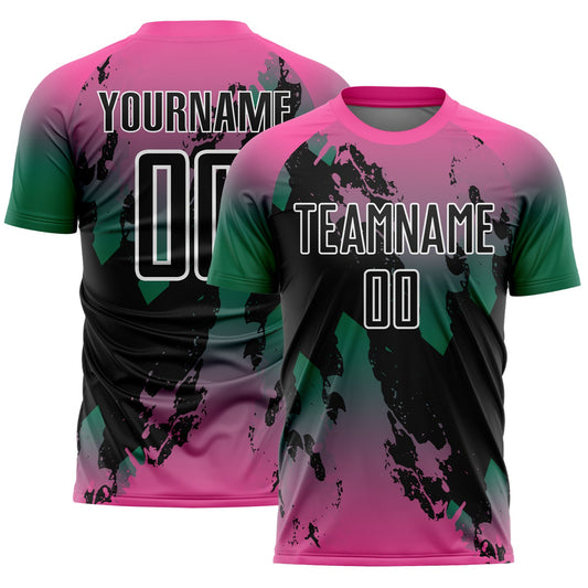 Custom Pink Black Kelly Green-White Gradient Splash Sublimation Soccer Uniform Jersey - Main View