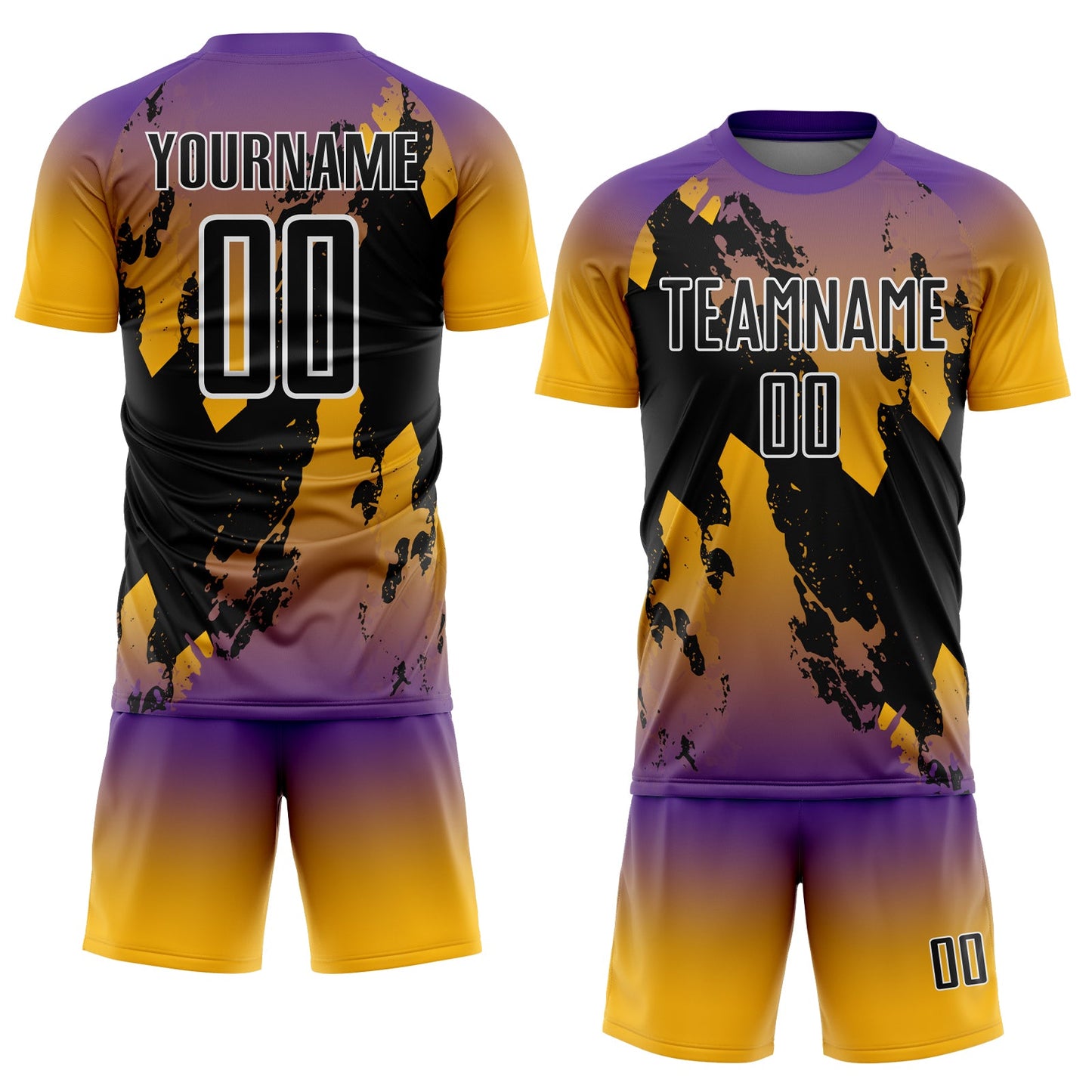 Custom Purple Black Gold-White Gradient Splash Sublimation Soccer Uniform Jersey view 2