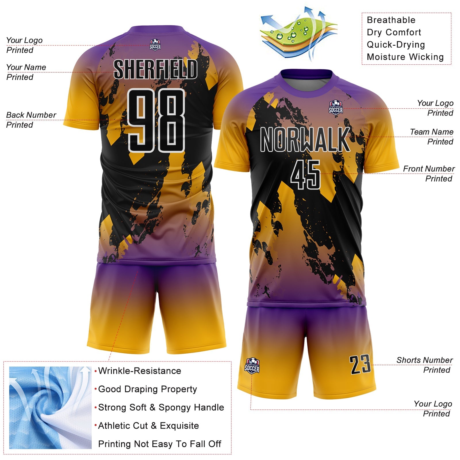 Custom Purple Black Gold-White Gradient Splash Sublimation Soccer Uniform Jersey view 4