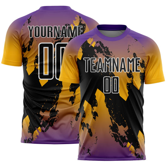 Custom Purple Black Gold-White Gradient Splash Sublimation Soccer Uniform Jersey - Main View