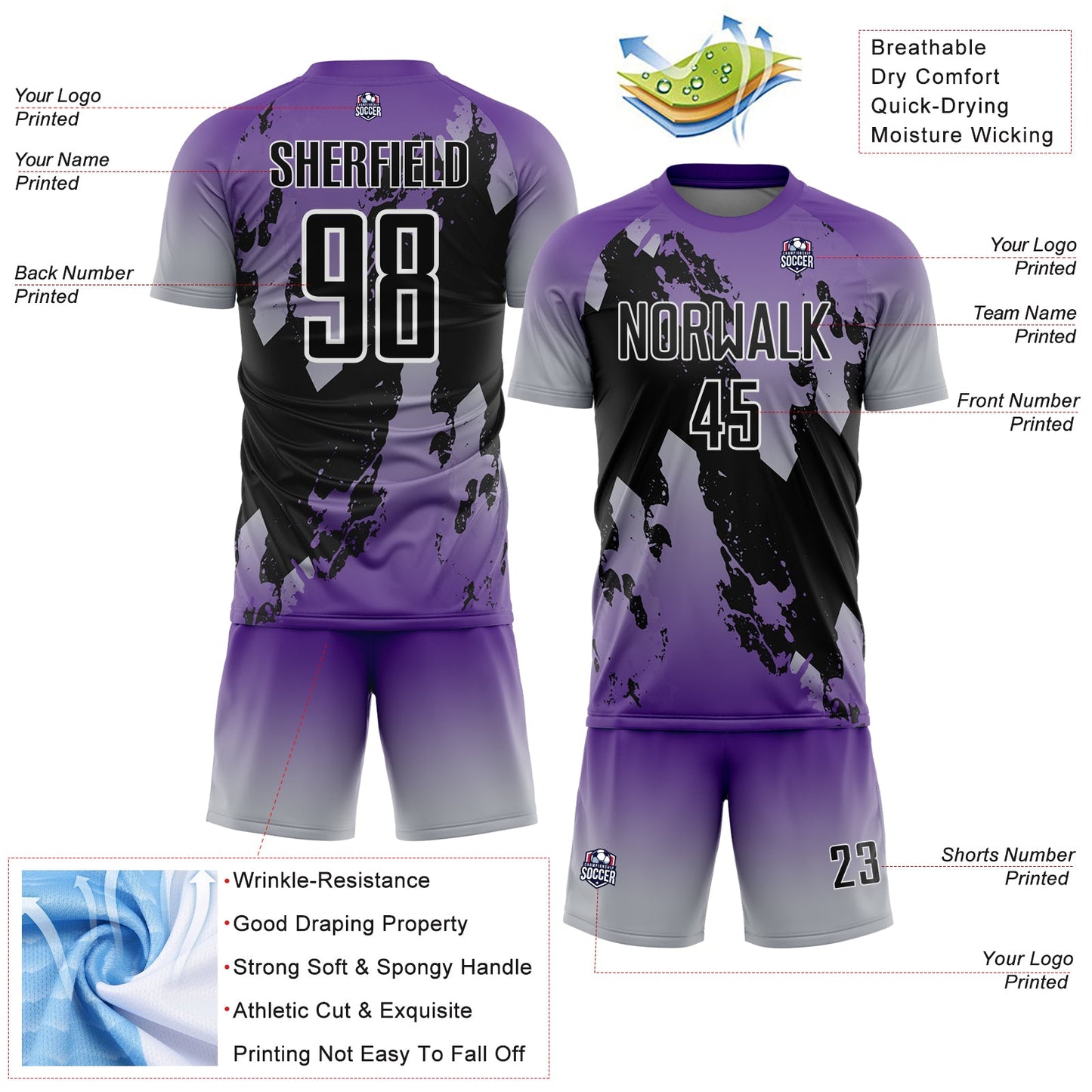 Custom Purple Black Gray-White Gradient Splash Sublimation Soccer Uniform Jersey view 4