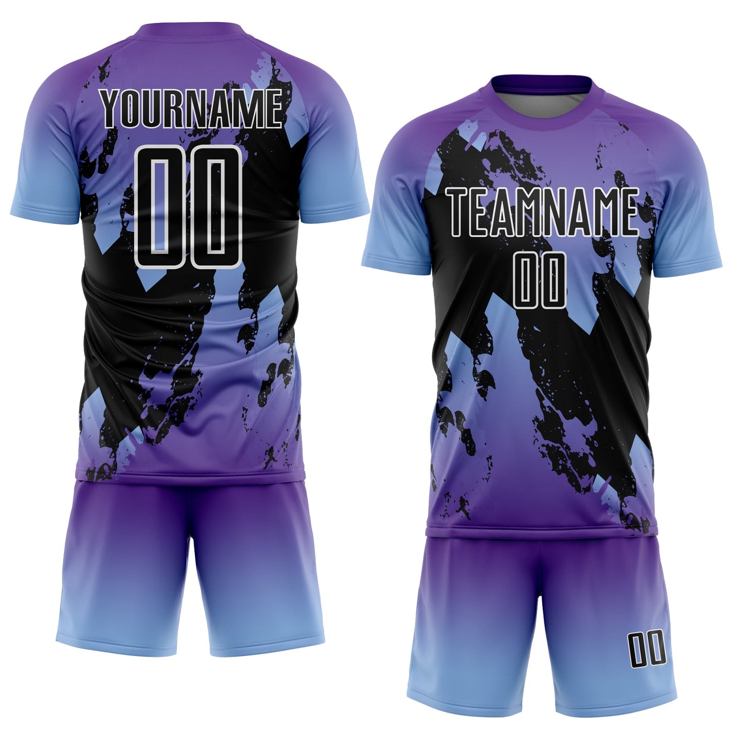 Custom Purple Black Light Blue-White Gradient Splash Sublimation Soccer Uniform Jersey view 2