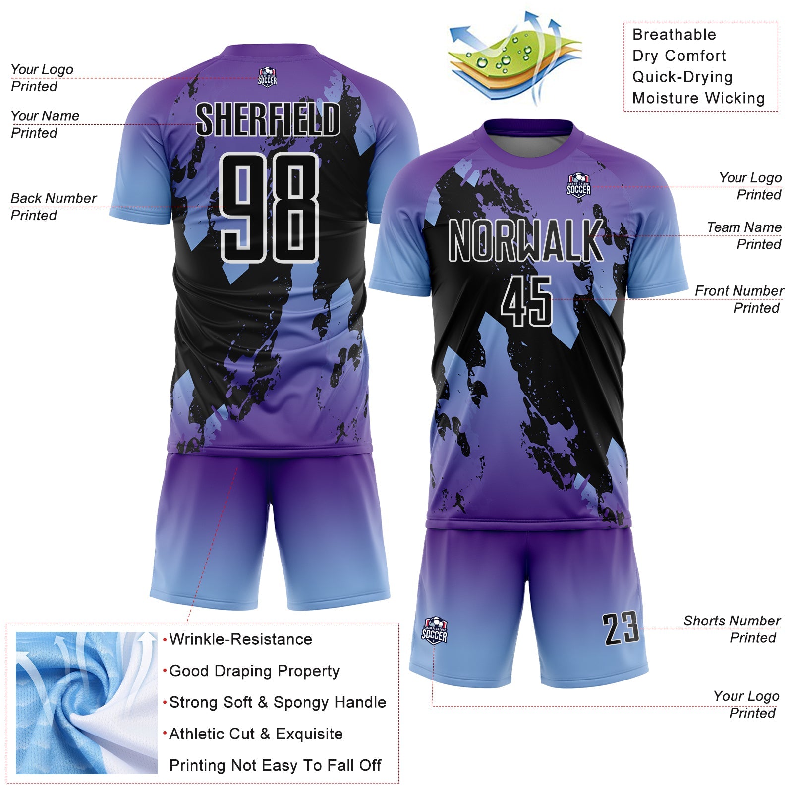Custom Purple Black Light Blue-White Gradient Splash Sublimation Soccer Uniform Jersey view 4